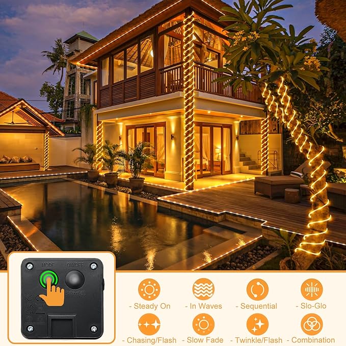 2 Pack Solar Rope Lights Outdoor Waterproof, Total 66FT 270 LED Solar String Lights for Outside with 8 Modes, Solar Powered Fairy Light for Patio Trampoline Garden Pool Holiday Decor, Warm White