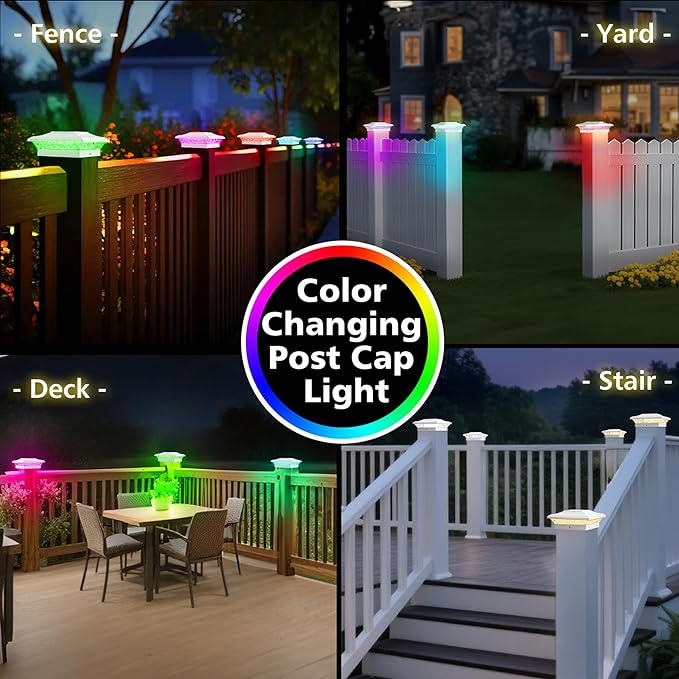 T-SUN Solar Post Cap Lights with Auto-Change Colors- for Vinyl/Wooden Posts Weatherproof Outdoor Solar Fence Post Lights for Deck, Porch, Garden & Stairs(12-Pack,RGB)