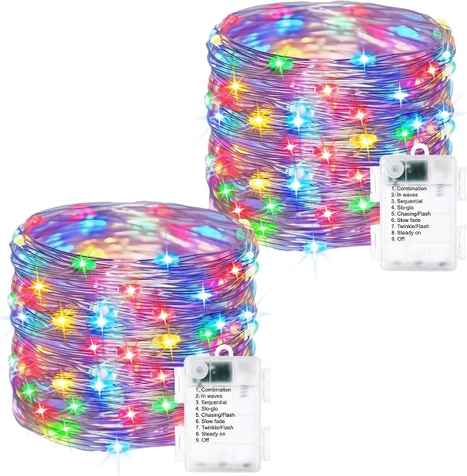 Multicolor Fairy Lights Battery Operated - 2 Pack 16.4ft 50 LED | Starry Fairy Lights , 8 Modes Waterproof with Timer for Indoor Outdoor Bedroom Party Holiday Christmas Decor, Copper Wire