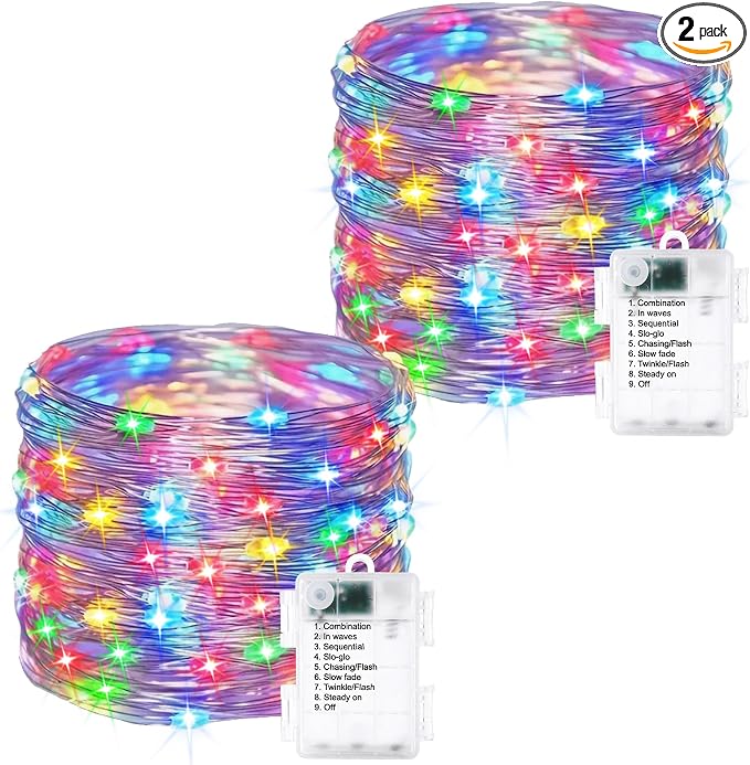 Multicolor Fairy Lights Battery Operated - 2 Pack 16.4ft 50 LED | Starry Fairy Lights , 8 Modes Waterproof with Timer for Indoor Outdoor Bedroom Party Holiday Christmas Decor, Copper Wire
