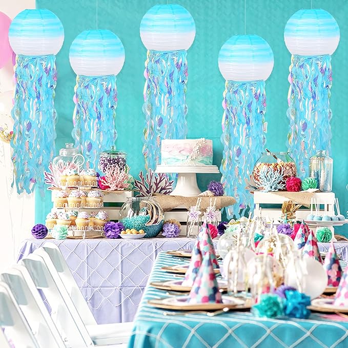 ADLKGG Hanging Jelly Fish Paper Lanterns, Gradient Colorful Blue Paper Lanterns for Mermaid Theme Party Under The Sea Ocean Birthday Decorations Baby Shower Baby Room, Set of 5