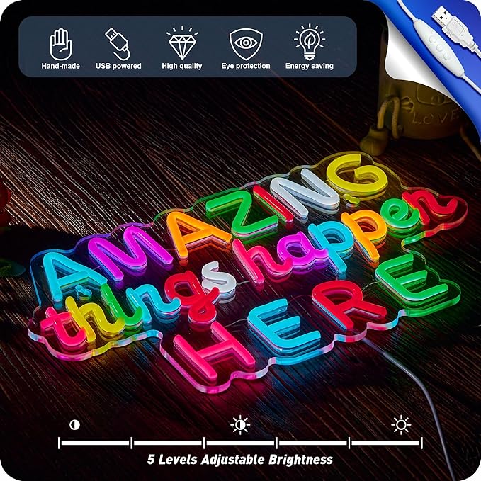 Amazing Things Happen Here Neon Sign, Positive Affirmation LED Light for Wall Decor Multicolored Light Up Signs for Classroom Kindergarten Wedding Party Store Home, Compatible with Timer