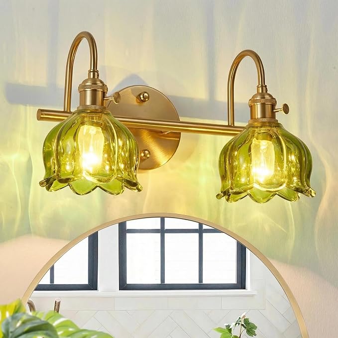 2-Light Vintage Bathroom Light Fixtures, 14.5" Hardwired Vanity Lights with Green Tulip Glass Shades, Brushed Gold Antique Wall Lights for Mirror Restroom Bedroom Living Room(Bulbs Not Included)