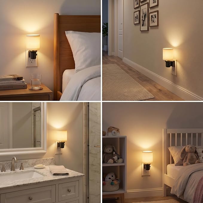 JandCase Night Lights Plug into Wall, Linen Fabric Vintage Nightlight | 0-100LM Dimmable Farmhouse Decorative Nightlights with Dusk to Dawn Sensor, for Bedroom Living Room Hallway