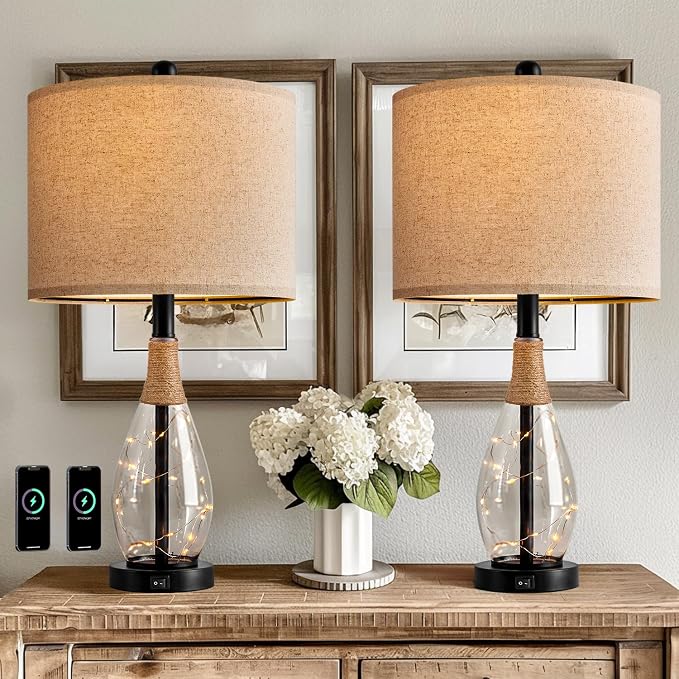23" Table Lamps for Living Room Set of 2 Bedside Lamps for Night Stands Bedroom Lamps Farmhouse Rattan Boho Lamp Glass Nightlight End Table Lamp with USB C+A (Black),Two Light Points
