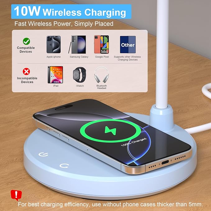 LED Desk Lamp for Home Office with Wireless Charger, Blue | 3 Color Modes Dimmable Eye-Caring Study Reading Dorm Desk Lamp, 360° Flexible Arm Table Lamp for College Dorm Room, 800 Lumen