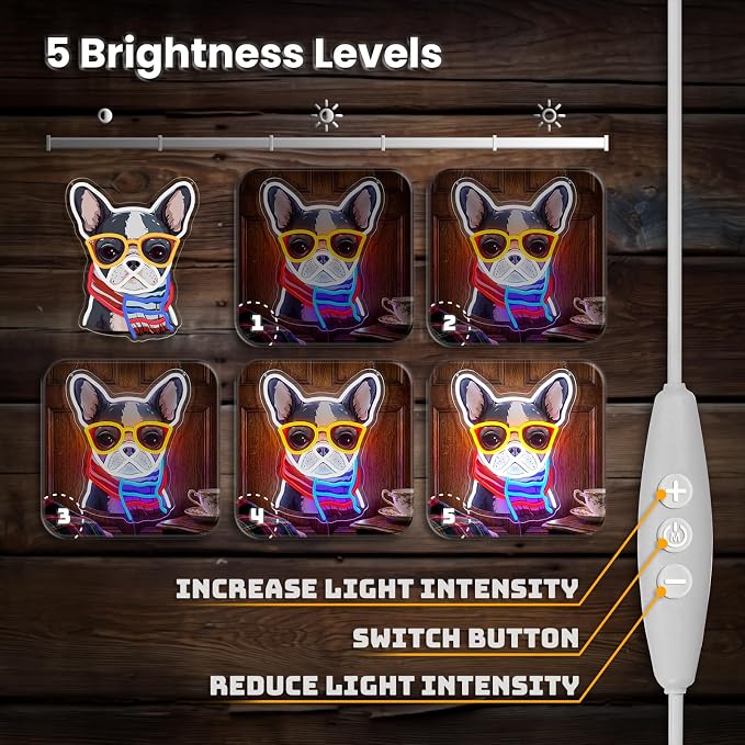 French Bulldog Neon Sign, Bull Dog Led Sign for Wall Decor, Usb Powered Adjustable Brightness Frenchie Wearing a Scarf Led Light for Bedroom Pet Rooms Bar Pub Party Decor, Unique Gift