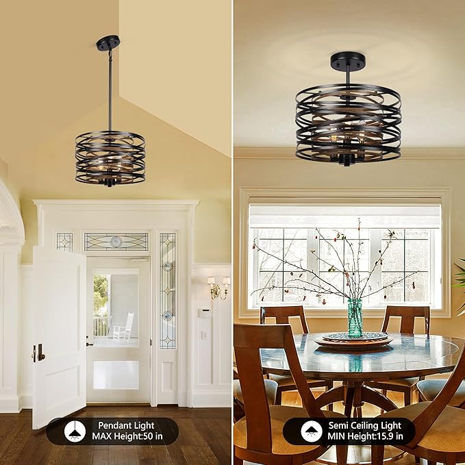 3-Light Dining Room Chandelier，12.6" Rustic Black Drum Chandeliers，Wood Grain and Vintage Light Fixture for Kitchen Entryway Living Room