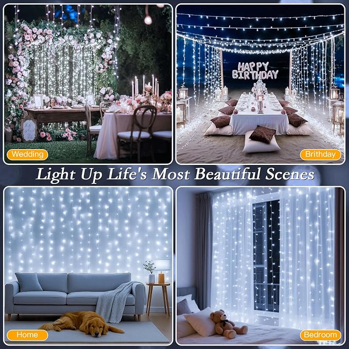 200 LED Cool White Curtain String Lights 9.8x6.6FT, Plug in Fairy Lights with 9 Hooks Dimmable Timer & 8 Modes, IP44 Waterproof, Bedroom Office Wall Wedding Party Christmas Indoor Outdoor Decor