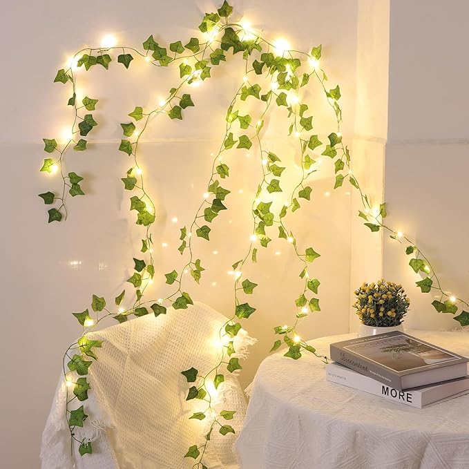 Vines with Lights Battery Operated, 6.56ft 20 LED Vines with Fairy Lights, Leaf Lights with 8 Modes, Fake Vines Ivy String Lights for Bedroom, Wall, Room, Garden, Party Decor, 8 Pack
