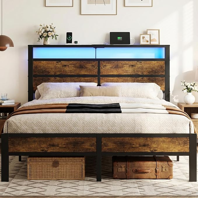 Queen Size Bed Frame with LED Lights and USB Type C Charging Headboard | Brown Metal Platform Bed, Charging Station, Storage Shelf, Noise Free, No Box Spring Needed