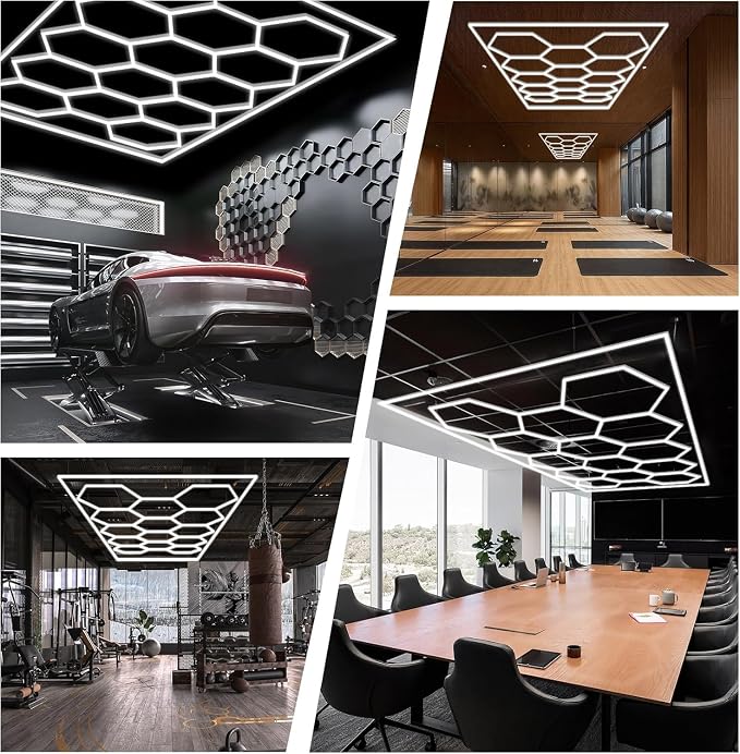 FERUERW Hexagon Garage Lights with Rectangle Frame, 3 Color Temperature | 2700/4300/6500K Adjust Color Temperature, for Garage, Shop, Basement, Car Detailing Shop etc. with Mounting Clip