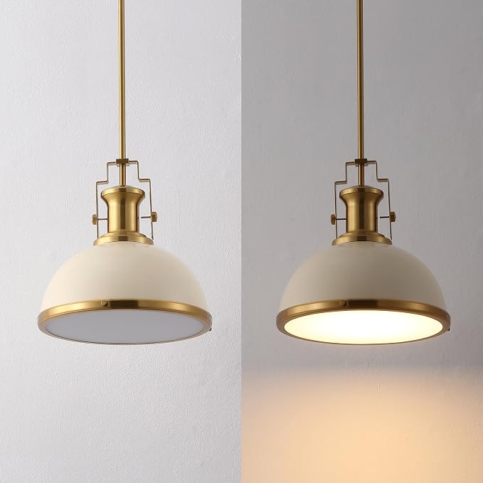 JONATHAN Y Homer Industrial Dome Pendant 13", Almond/Brass Gold | 1-Light, Farmhouse Style, Adjustable Hanging Height, Glass Diffuser, Sloped Ceiling Compatible, Metal, LED Bulb Included