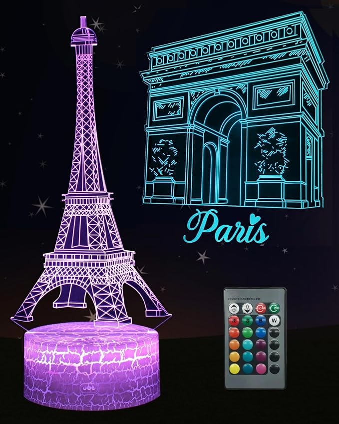 Eiffel Tower Night Light, 2 Patterns, Paris Themed 3D Illusion Lamp | 16 Color Changing, Dimmable, Touch & Remote Control, Arch of Triumph Bedroom Décor, Birthday Christmas Gift Dad Mom Kid