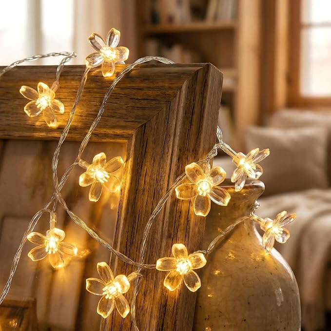 Flower Battery Operated Indoor String Lights 30L Cherry Blossom Fairy Light | Waterproof Outdoor Party Birthday Wedding Room Camping Graden Home Orange