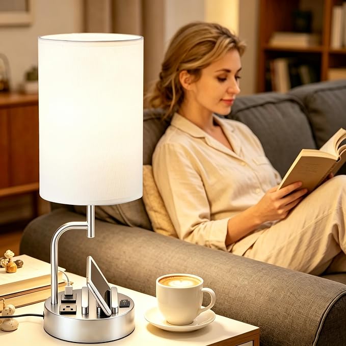 Dreamholder 2 Pack Table Lamp, Bedside Lamp with 3 USB Charging Ports & AC Outlet, USB Desk Lamp with 2 Phone Holders, Linen Fabric Shade Nightstand Lamps for Bedroom Living Room Office, Silver