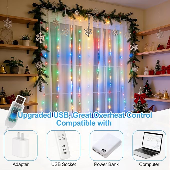 Fairy Curtain Lights Upgraded Tangle-Free Multicolor USB Plug in 8 Modes String Hanging Lights with Remote for Christmas, Bedroom, Indoor, Outdoor, Weddings, Party (6.6FTx6.6FT)