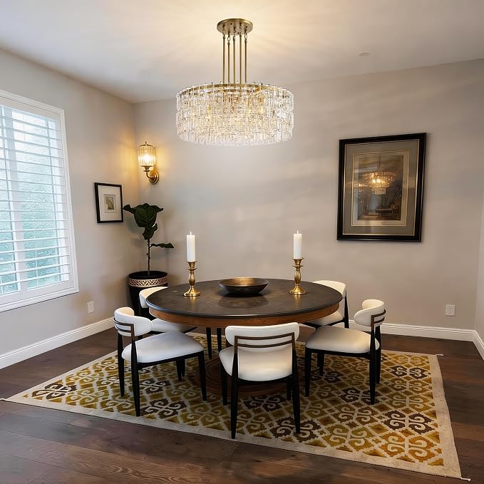 36'' W Round Single-Tier Crystal Chain Chandelier 9-Light E26 Modern Pendant Light, Burnished Brass Finish with 350+ Crystal Links, 79 Inch Adjustable Hanging Rod Ceiling Light, Gold