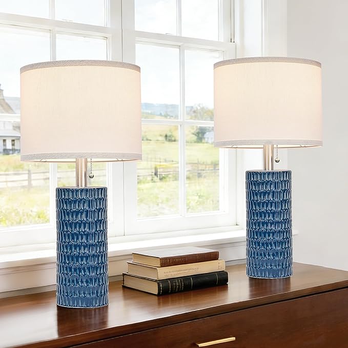 Table Lamps for Living Room Set of 2, Ceramic Table Lamps for Bedroom, 20" Modern Lamps for Night Stands, Blue
