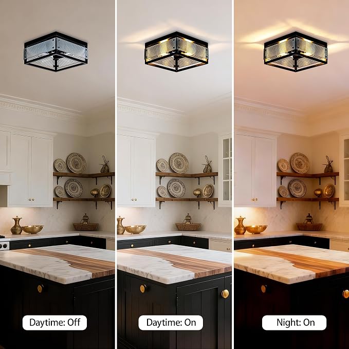MAYNA 2-Light Square Industrial Flush Mount Ceiling Light, Black Metal Hallway Light Fixture with LED Bulb, Modern Ceiling Light for Bedroom Kitchen Entryway Dining Room