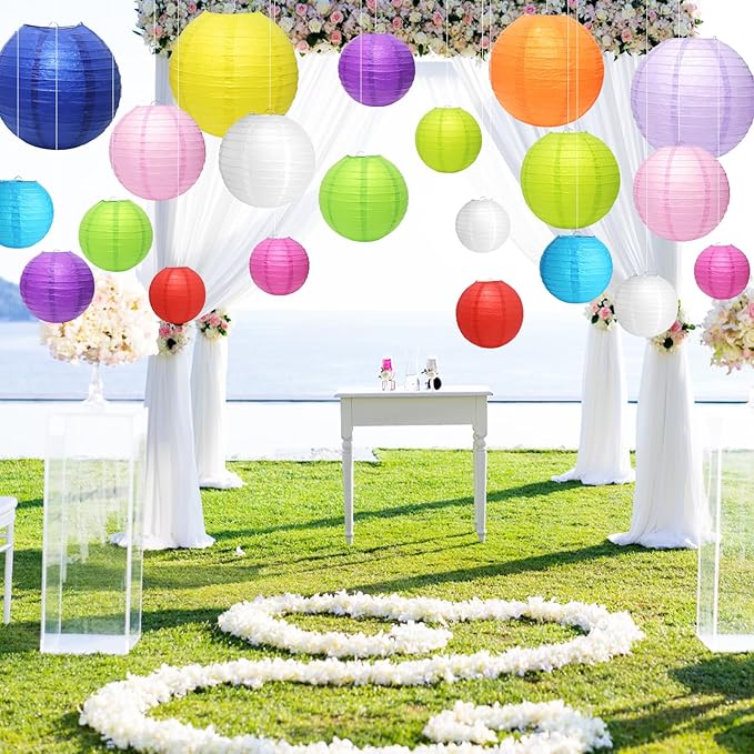 21 Pcs Hanging Paper Lanterns Decorative, Colorful Party Lanterns (4/6/8/10 Inch) Multicolor Chinese/Japanese Paper Hanging Decorations Ball for Classroom, Outdoor Party, Wedding, Birthday Decor