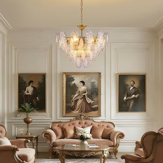 7PM Modern Gold Glass Chandelier, 5-Layer Antique Crystal Chandeliers 12 Light Round Pendant Ceiling Fixture 59" Hanging Adjustable Chain for Foyer, Living Room, Bedroom, Dining Room 27.5 inch