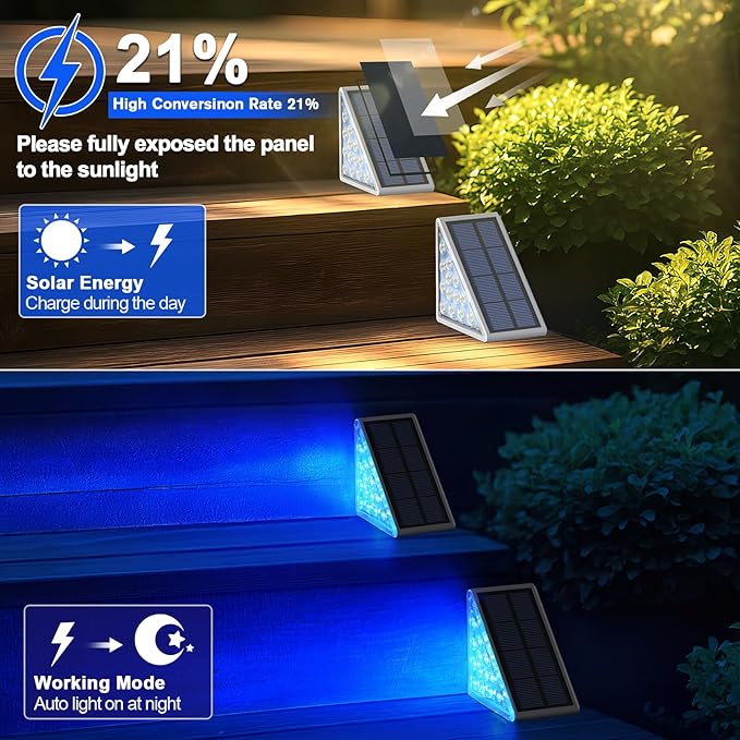 12 Pack Solar Stair Lights, Outdoor Step Lights with Waterproof IP67, Blue Color LED Solar Light for Outside Light Decor for Stair, Deck, Front Step, Front Porch, Patio and Backyard