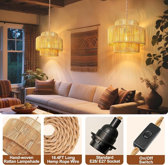 Maliralt Hanging Lamps Rattan Pendant Light - 16.4ft Plug in Cord Hanging Light Fixture Plug Into Wall Outlet Pendant Lighting with On Off Switch for Bedroom Living (Lantern Shade)