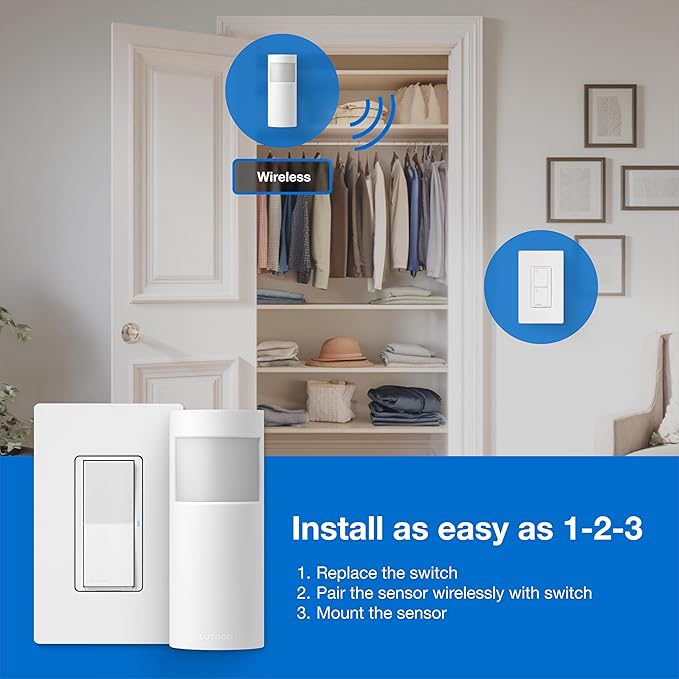 Lutron Wireless Motion Sensor Light Switch and Claro Light Switch for Closets, Pantries, Basements, for Any Bulbs, Occupancy Vacancy Sensor, Single-Pole/ 3 Way, White