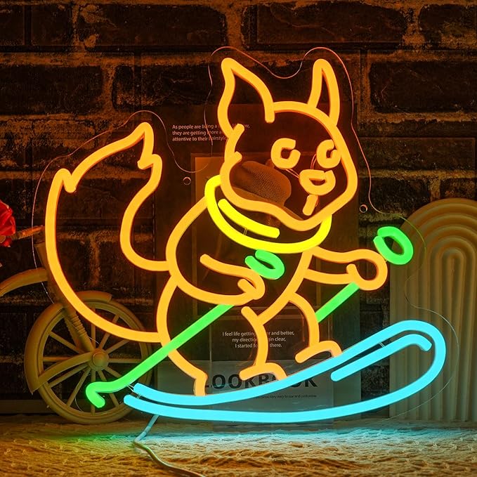 Squirrel Skiing Neon Sign for Wall Decor, Animal Snow Skiing Neon Signs Light, USB Powered Orange Squirrel Led Light Up Sign for Bedroom Pet Store Ski Area Decoration