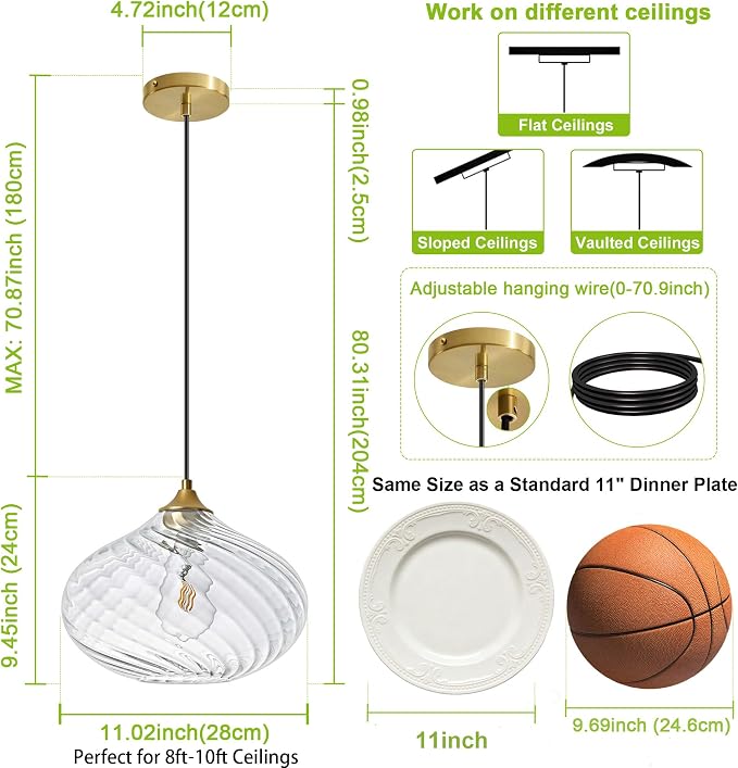11in Gold Pendant Lights Kitchen Island with Clear Glass Shade 2Pack | Handcrafted Glass Pendant Light Fixtures, UL Certified, E26 Base 100W Max, Height-Adjustable, Dimmable Hanging Pendant Light