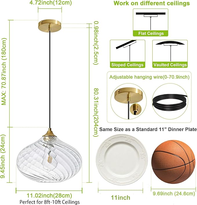 11in Gold Pendant Lights Kitchen Island with Clear Glass Shade 1Pack | Handcrafted Glass Pendant Light Fixtures, UL Certified, E26 Base 100W Max, Height-Adjustable, Dimmable Hanging Pendant Light