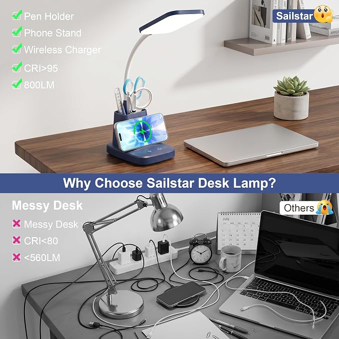 LED Desk Lamp with 10W Wireless Charging & Pen Holder, Navy Blue | CRI 95, 800LM, Stepless Dimming, 3 Modes, 360°Flexible Arm, Touch, Study Table Lamp for Home Office, Dorm Room, with Adapter