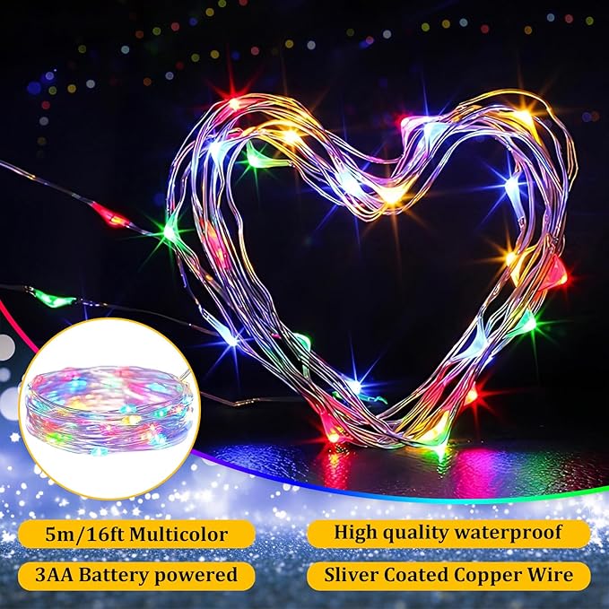 Timer Fairy Lights,Battery Operated Mini Christmas Lights for Bedroom,Christmas,Parties,Wedding,Gift Decoration(5m/16ft Multicolor)