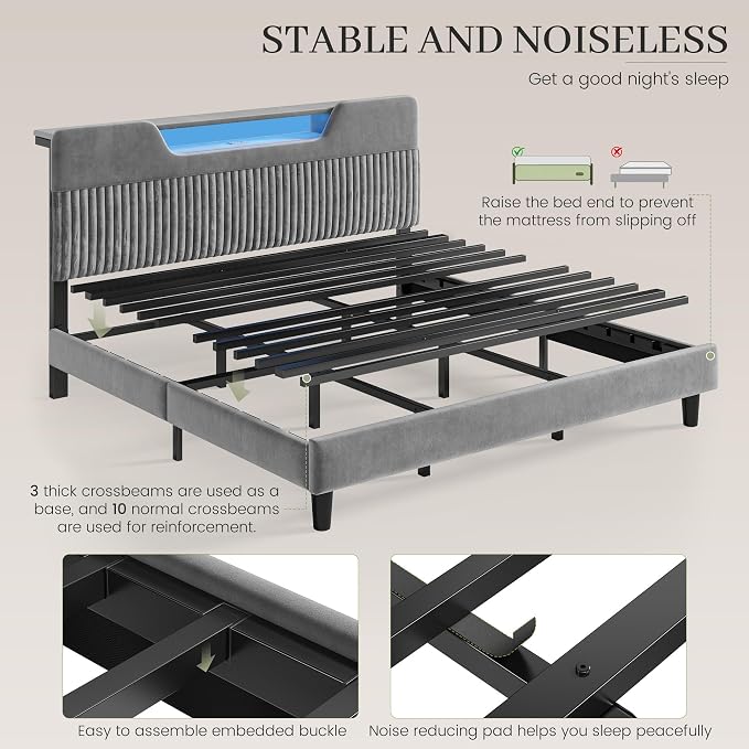 Homkdom King Bed Frame with Charging Station & Storage Headboard,Grey | 1USB-C & 2USB-A Charging, RGB LED Lights,7.78" Under-bed Storage,Velvet Upholstered Headboard,No Box Spring,Easy Assembly.