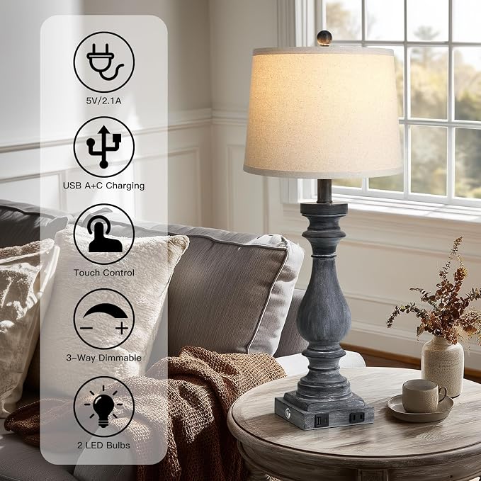 29" Tall Farmhouse Table Lamp for Living Room Set of 2,Vintage Retro Nightstand Lamps with USB C+A Ports & AC Outlet,3-Way Dimmable Touch Bedside Lamp for Bedroom Side Table,Distressed Black