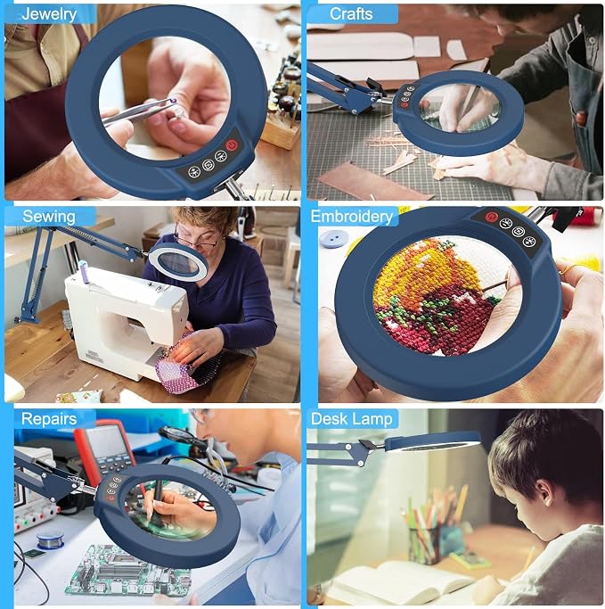 10X Magnifying Glass with Light and Clamp, Real Glass Stand Lighted Magnifier, 5 Color Modes Stepless Dimmable LED Desk Lamp Hands Free for Crafts Hobby Reading Painting Sewing Close Work - Blue