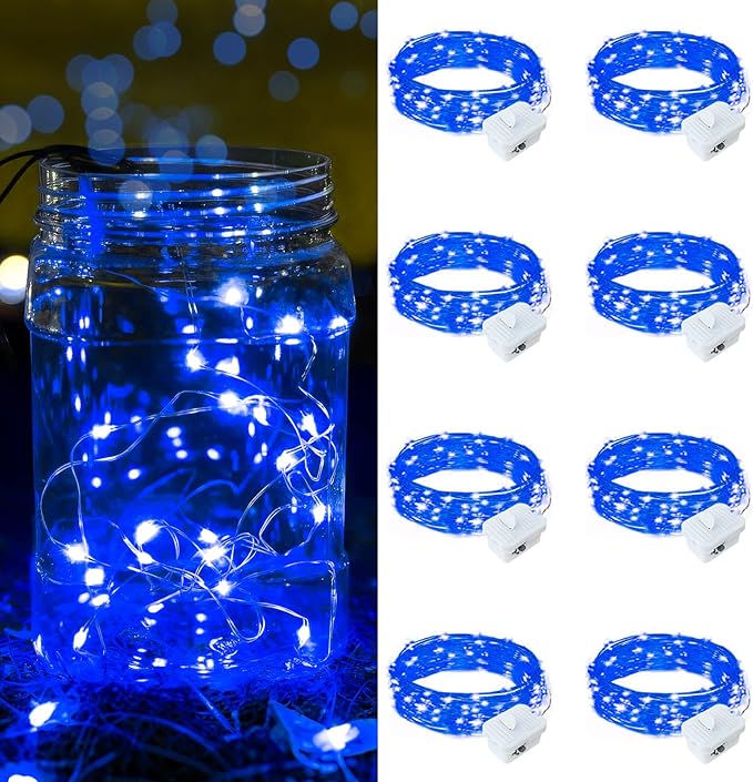 8 Pack Blue Fairy Lights Battery Operated, 7ft 20 LED Mini String Twinkle Lights for Easter Christmas Halloween Mason Jars Centerpiece Table Decorations (8, Blue)