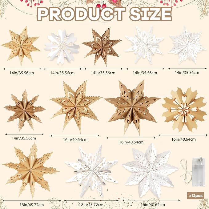 12Pcs Christmas Paper Snowflake Lantern with LED Light, Christmas Paper Star Lantern White Beige Khaki Hanging Hollow Snowflake Lantern for Xmas Holiday Wedding Frozen Birthday Party Home Winter Decor