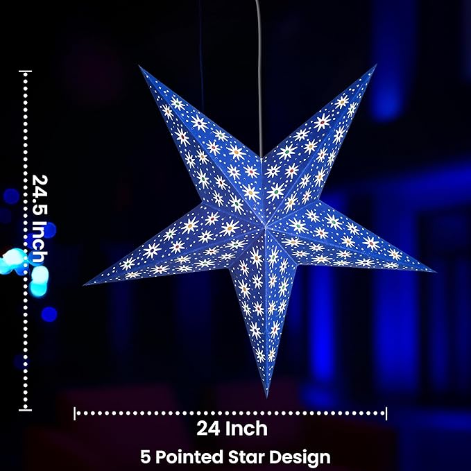 GalaxyArts Blue Paper Star Lantern, 24 Inch 3D Illuminated Starlite Hanging Lamp, Handcrafted Hollow Decoration for Weddings, Parties, Christmas, Holidays, Easy to Hang Indoor/Outdoor Home Décor
