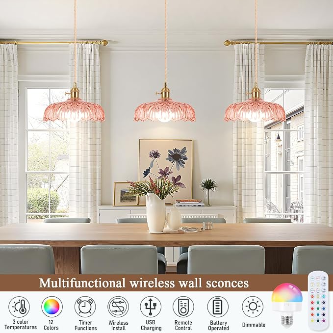 Battery Operated Pendant Light,Vintage Light Fixtures RGB Light Bulb 2500mAh 9.4in Pink Modern Chandelier with Remote Control Wireless Adjustable Rechargeable Chandelier for Kitchen Island 1Light