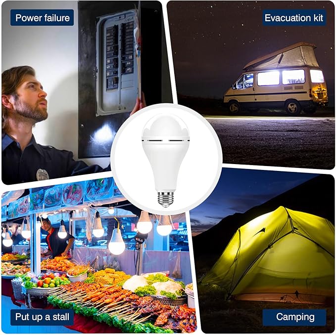 A21 6PK Emergency-Rechargeable-Light-Bulb, Keep Lighting During Power Outage, 12W 6500K LED 65W Equivalent Light Bulbs, 1200 mAh Battery Backup Light Bulbs for Home Power Failure