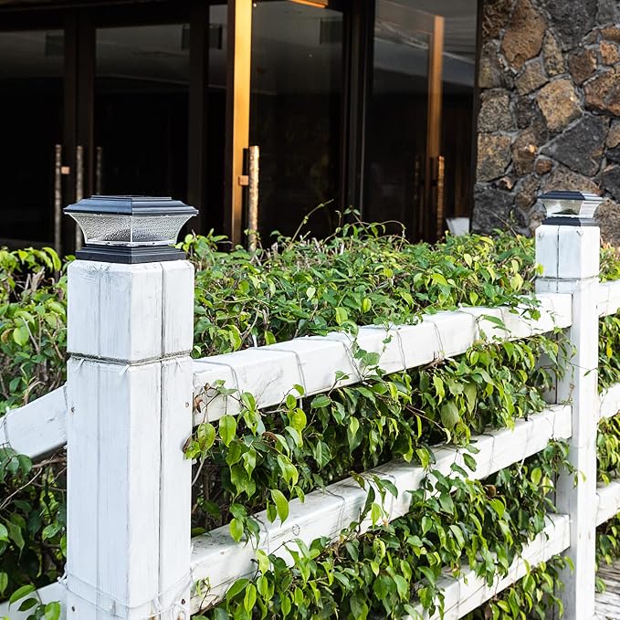 HUYIENO Solar Post Cap Lights - Outdoor LED Deck Fence Cap Light, 9 Light Modes, Bright White/7 Color Fixed & Cycling Modes, Suitable for 4x4 & 5x5 Wooden Posts, Black, 4pk