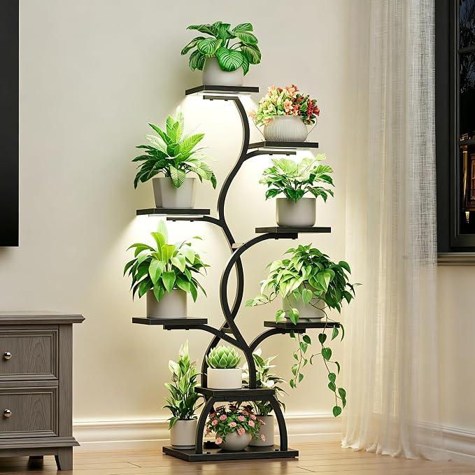 Plant Stand Indoor with Grow Light - 8 Tiered Corner Plant Shelf Indoor | 49" Plant Holder with Lights for Indoor Growing, Tall Lighted Flower Stand for Living Room, Balcony, Black