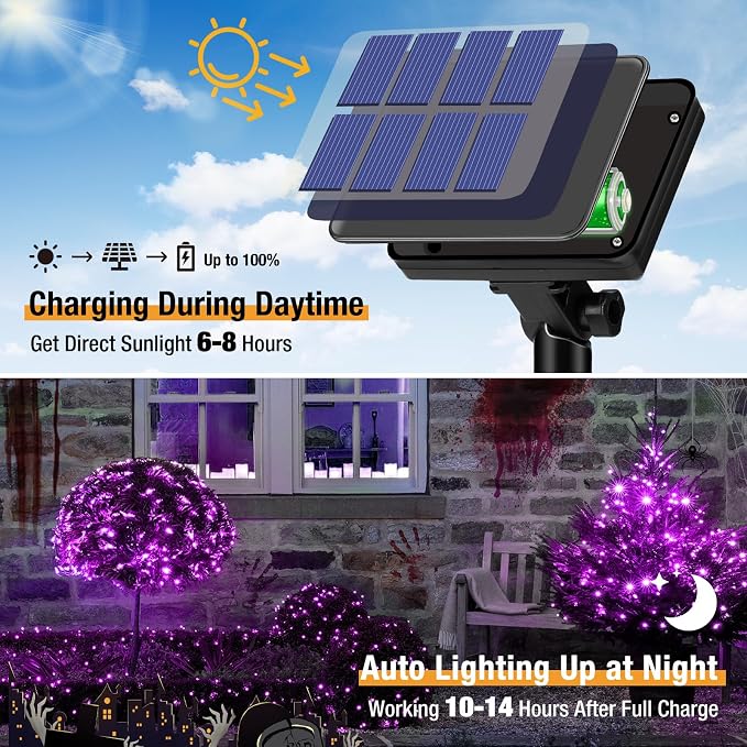 btfarm 4 Pack Solar Halloween String Lights Outdoor Purple | Total 320LED 132FT Solar Fairy Lights Outside Waterproof, 8 Modes Solar Powered Twinkle for Tree Garden Patio Spooky Decor