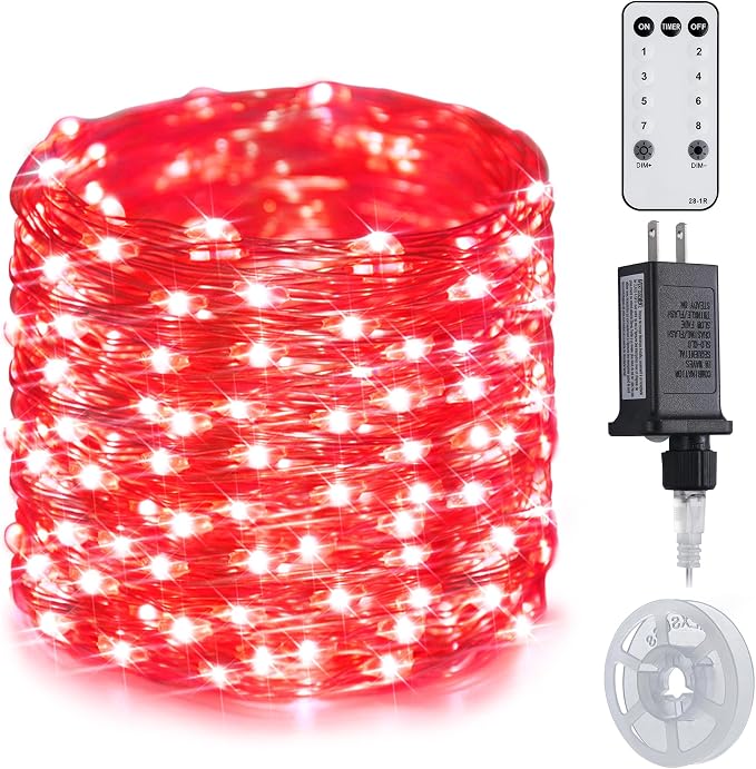 JMEXSUSS 200 LED Red Fairy Lights, 66 ft 8 Modes Red Christmas Lights Indoor Plug in with Wheel, Remote Control Twinkle String Light Outdoor for Christmas Decor