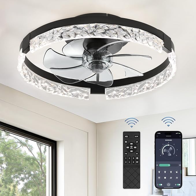 ZMISHIBO 18 Inch Ceiling Fans with Lights, Flush Mount Remote & App Control | 3CCT Dimmable LED, DC Motor, Bladeless, Reversible Blade, 6 Speeds, Modern, Low Profile, Enclosed, Bedroom, Kids, Girl, Adult