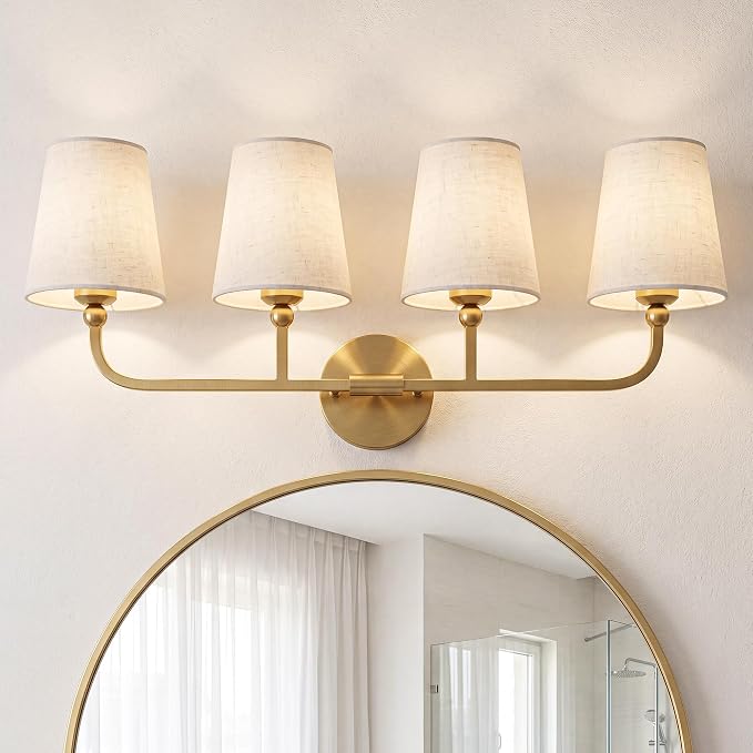 4-Light Brushed Gold Bathroom Vanity Light with Linen Fabric Shade | 28 Inch gold bathroom light fixture over mirror, UL listed, E26 bulbs, hardwired, upward only, VL837-BG-A-4