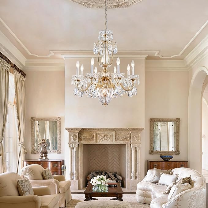 Vintage Crystal Chandeliers for Dining Room, 8-Light Brass Classic Candle Chandelier Pendant Ceiling Light Fixture for Living Room Bedroom Kitchen Foyer Hallway Staircase 30.3" H x 26.8" D