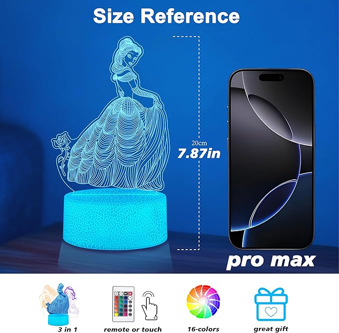 Princess 3D Night Light with Remote - 3 in 1 Interchangeable Acrylic Panels, 16 RGB Colors 4 Modes, USB/Battery(Not Included), Christmas Gift for Girls, Princess Bedroom Decor